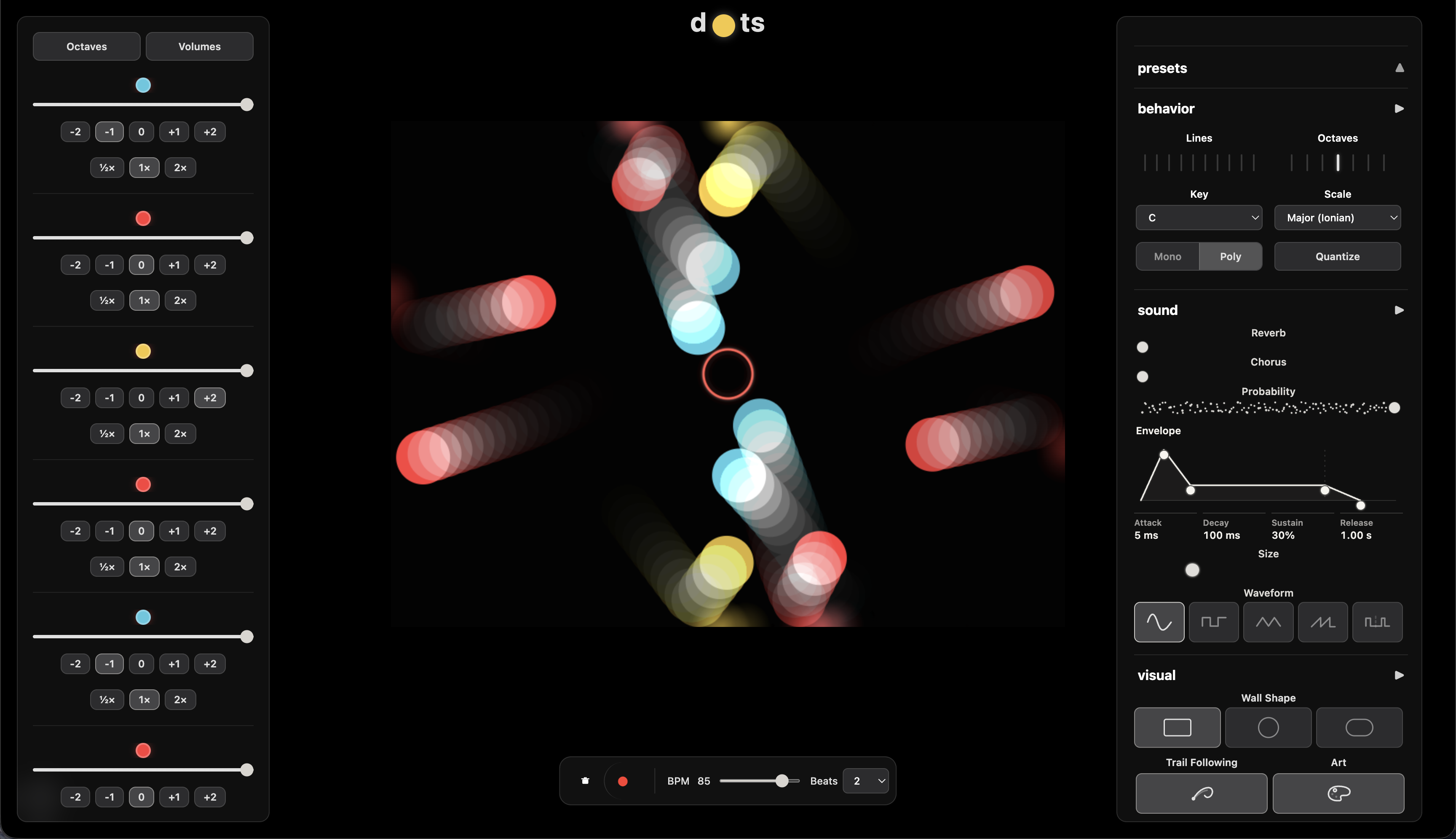 Dots instrument interface with colorful moving dots, collision lines, and sound controls